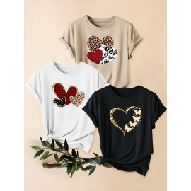 3pcs Women'S Casual Short Sleeve T-Shirts with Leopard Print & Heart Design - Loose Fit, Round Neck, Medium Stretch, All-Season Comfort, Available in 1XL-5XL Sizes, Leopard Print T Shirt, Vacation Clothing, Trendy Fashion, Comfortable Fit
