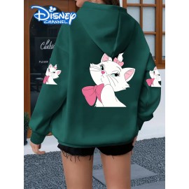 Women's Plus Size Hooded Zipper Jacket - 3-Panel Cartoon Cat Print with Pink Bows, 100% Polyester Machine-Washable Spring/Fall Casual Outerwear, Gift for Fans, Fall Fashion, Playful Design, Comfortable Fit, Cozy Outerwear, Fashion Lovers