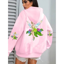 Multi-Color Disney Women's Plus Size Oversized Tinker Bell Fairy Graphic Hooded Sweatshirt - Cozy Zipper Hoodie with Full Back Cartoon Print, Soft Casual Pullover for Fall/Winter (Machine Washable, Officially Licensed)