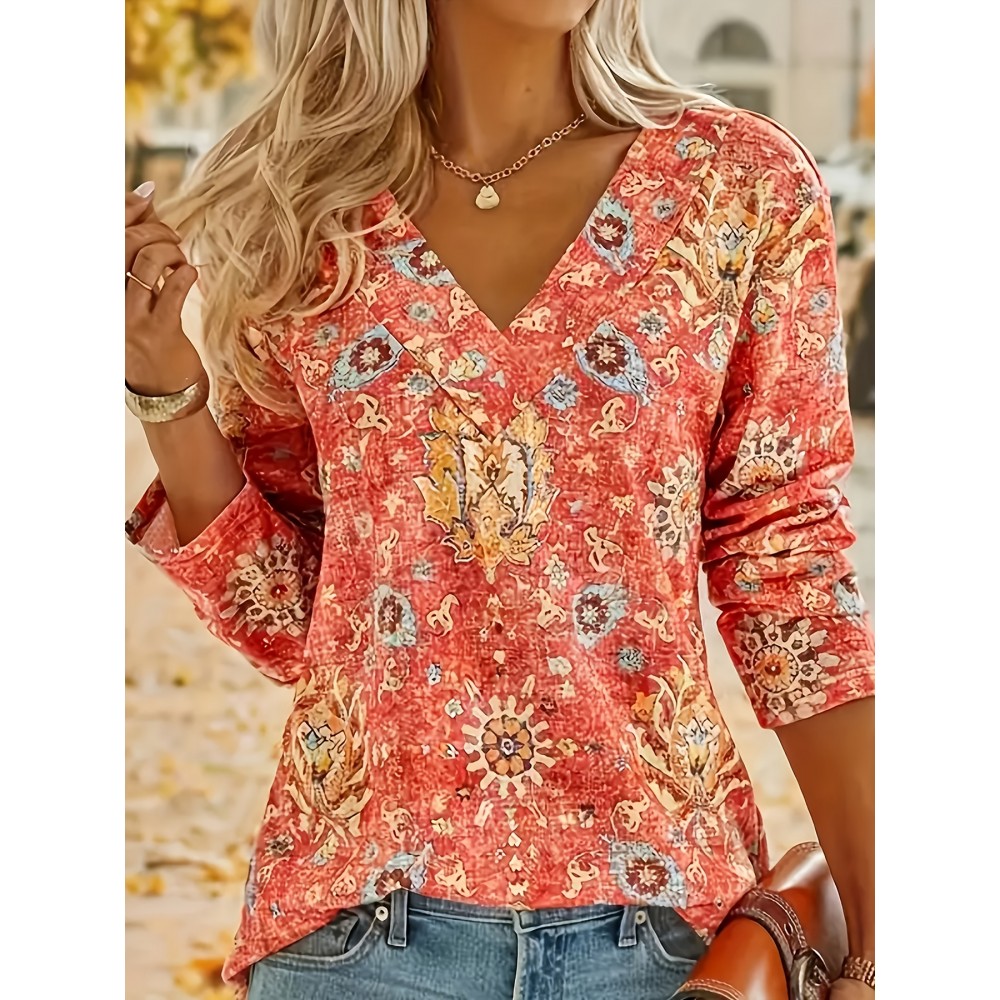 Plus Size, Plus Size Women's Casual Long Sleeve Pop Print T-Shirt