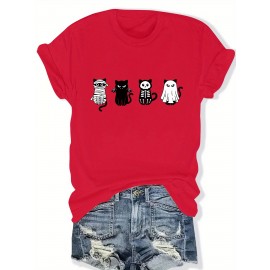 Plus Size - Women'S Plus Size Halloween Cat Print T-Shirt - Black Casual Crew Neck Tee with Playful Cartoon Cats, Breathable & Comfortable for Casual Attire, Halloween Shirts